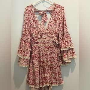 Free people long sleeve red and cream mini dress